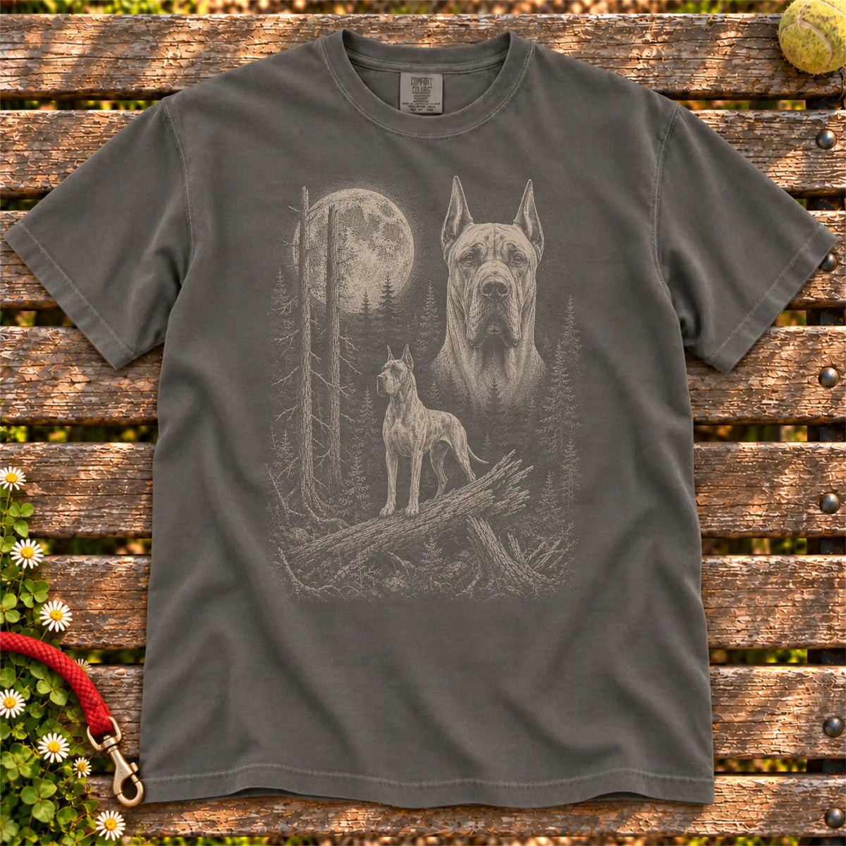 Great Dane Moonlit Forest design on a Pepper T-shirt shown flat