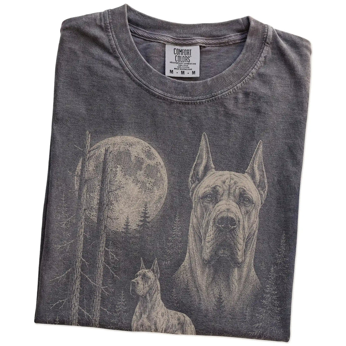 Folded Pepper Great Dane Moonlit Forest T-Shirt showing the graphic