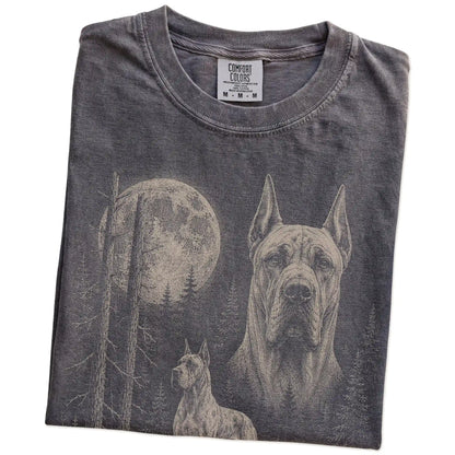 Folded Pepper Great Dane Moonlit Forest T-Shirt showing the graphic