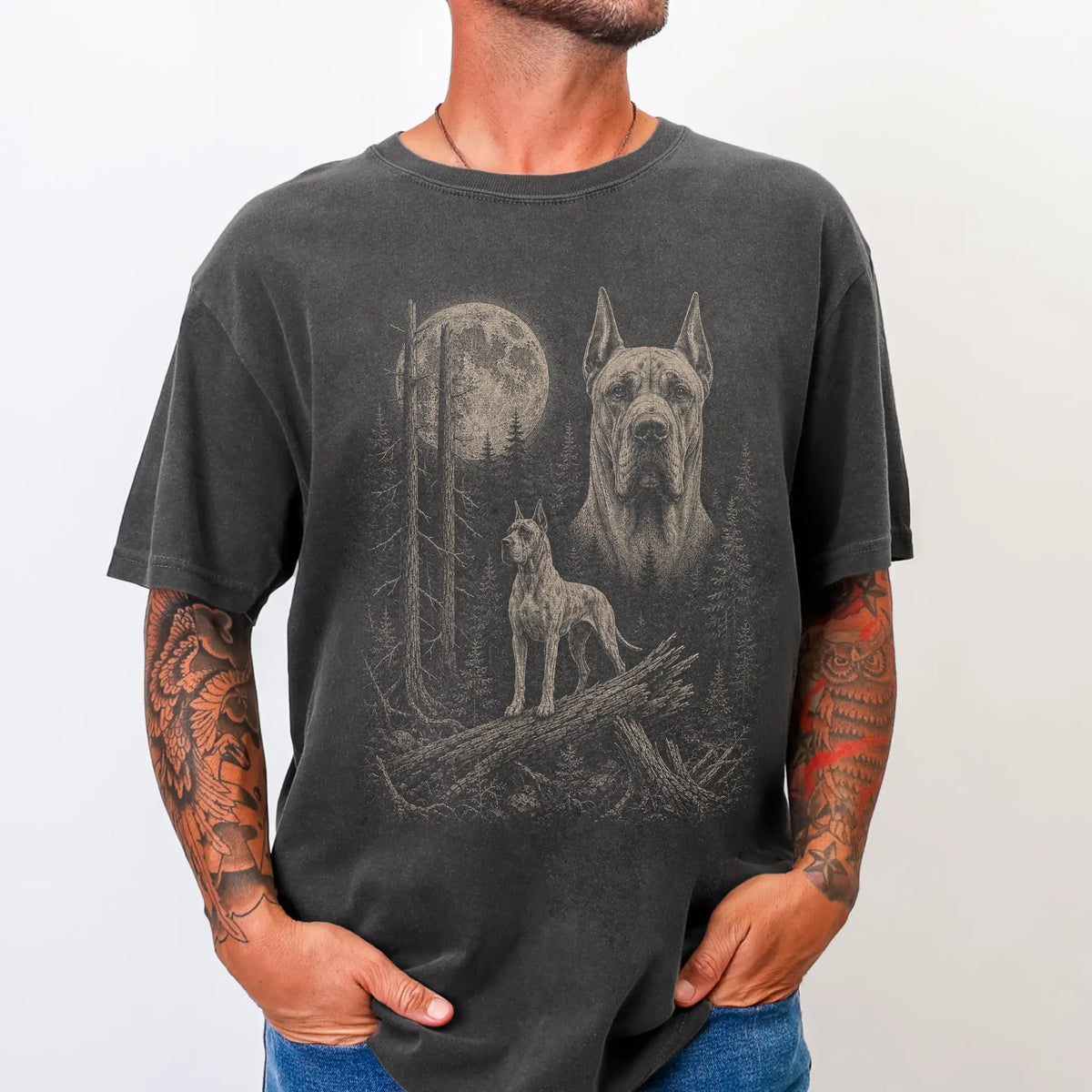 Man wearing a Pepper Great Dane Moonlit Forest T-Shirt