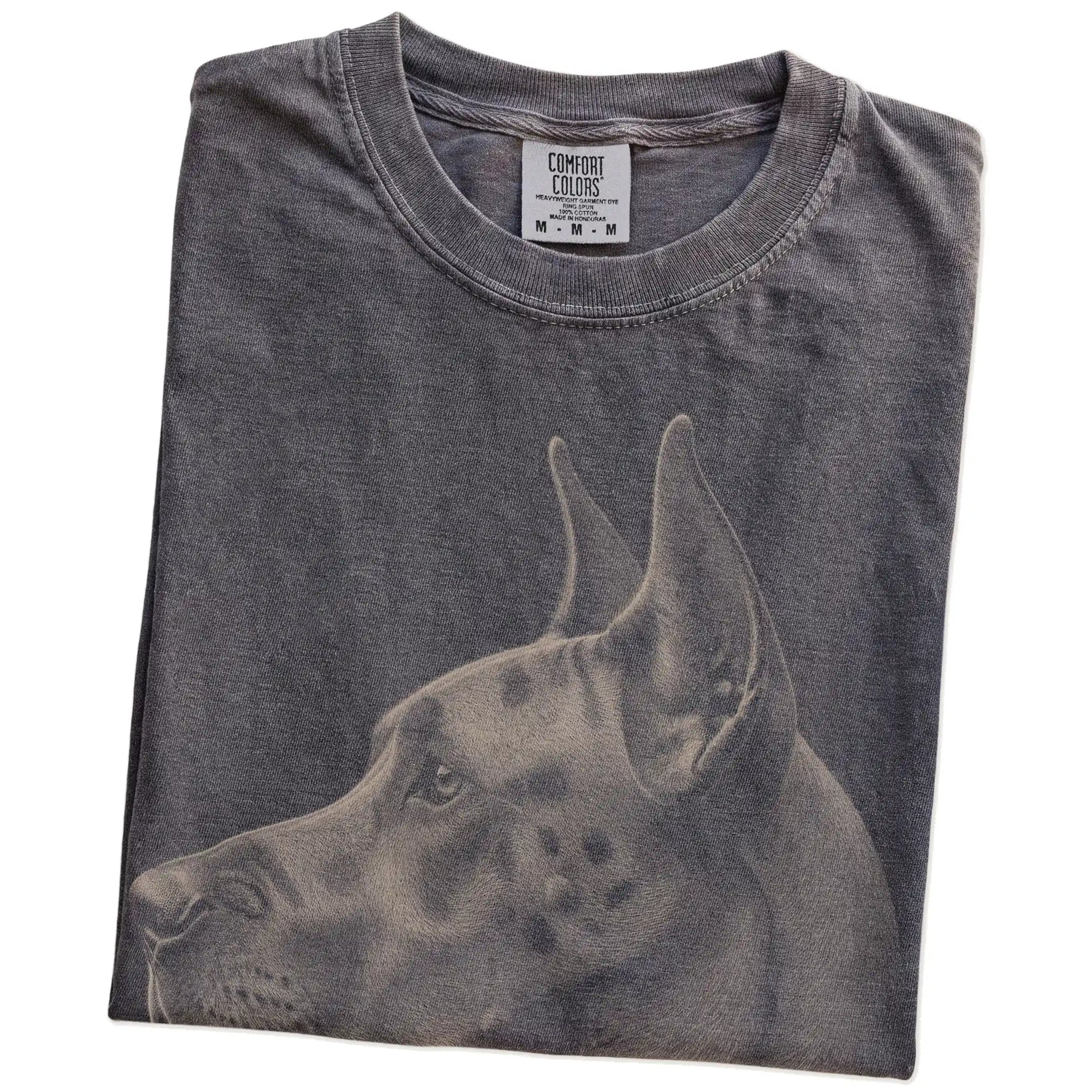 Folded Pepper Comfort Colors® T-shirt showing a detailed photographic portrait of a Great Dane