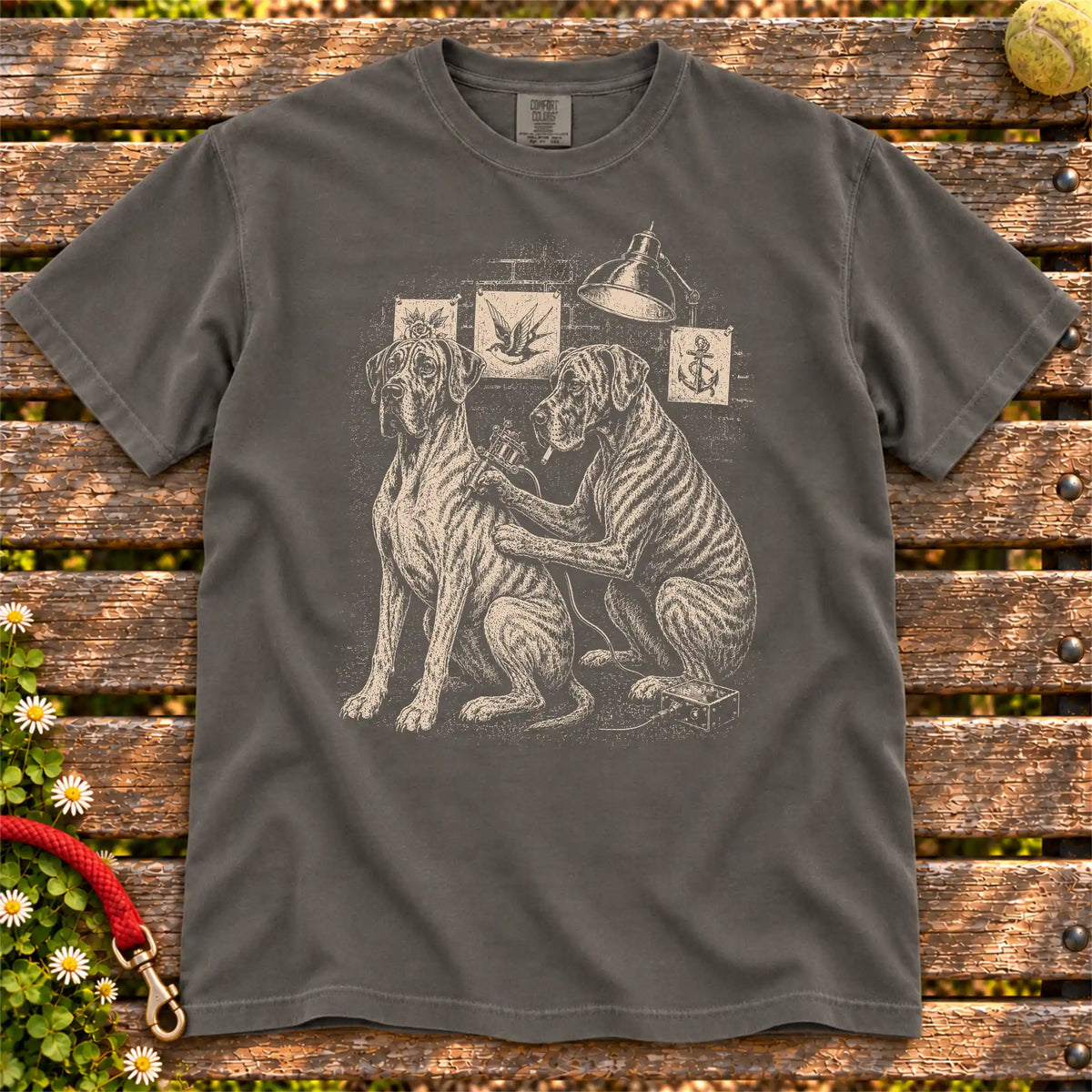 Great Dane Tattoo design on a Pepper Comfort Colors T-shirt, shown flat