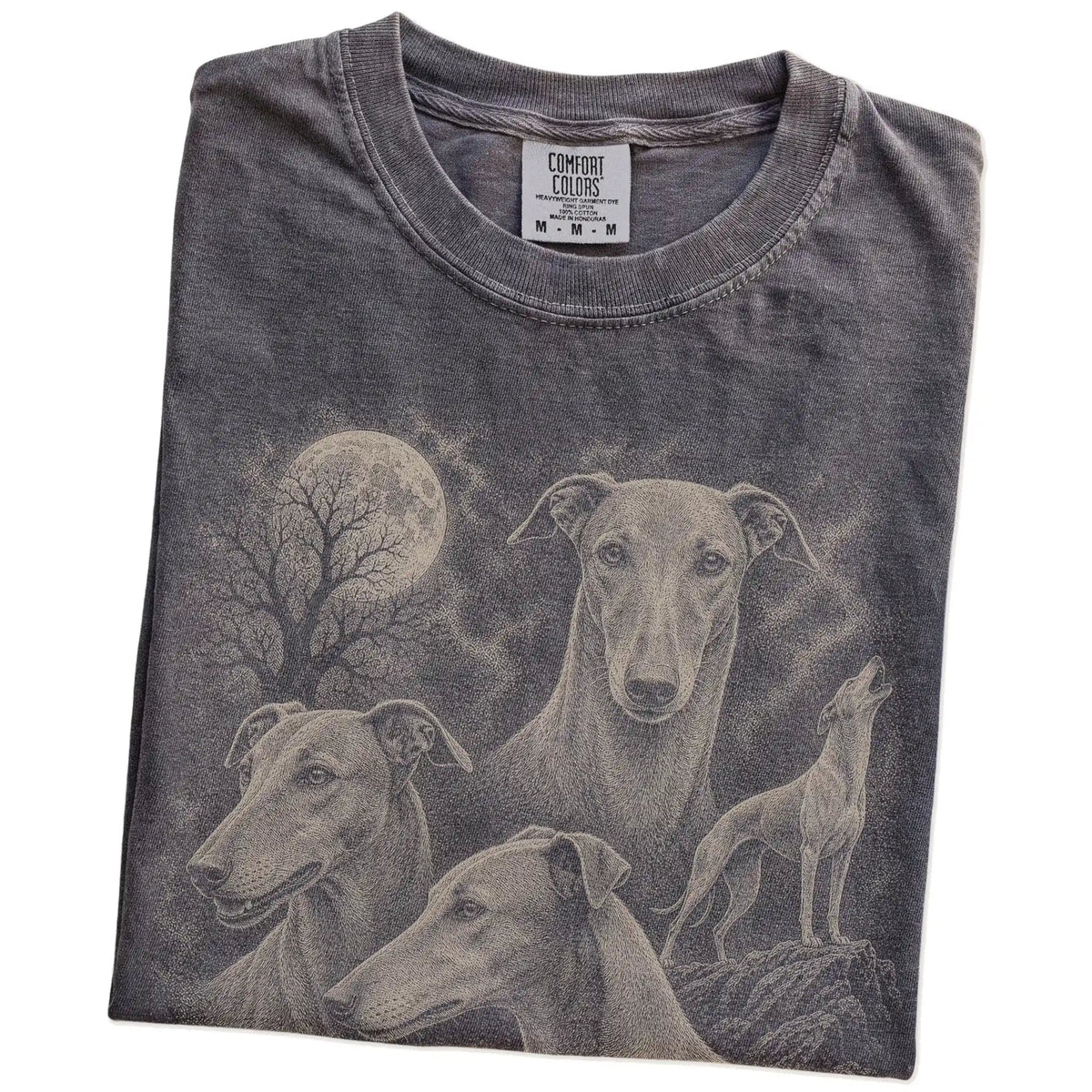 Folded Pepper Comfort Colors® T-shirt showing a vintage moon montage featuring Greyhound