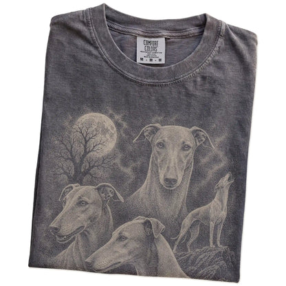 Folded Pepper Comfort Colors® T-shirt showing a vintage moon montage featuring Greyhound
