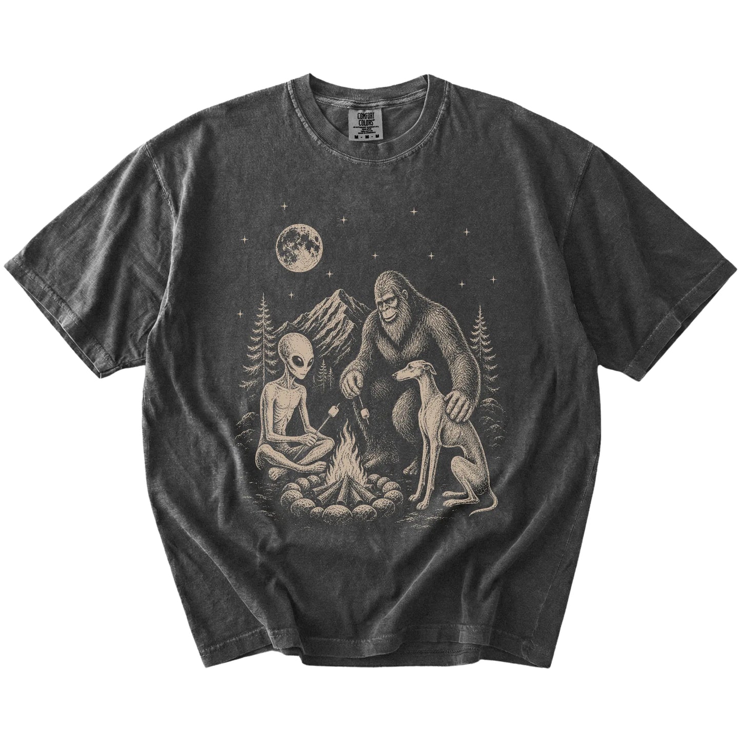 Greyhound camping with Bigfoot and an alien on a Pepper Comfort Colors® T-shirt