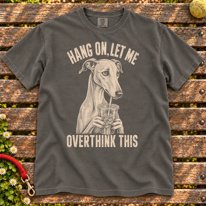 Overthinking Greyhound design on a Pepper Comfort Colors T-shirt, shown flat