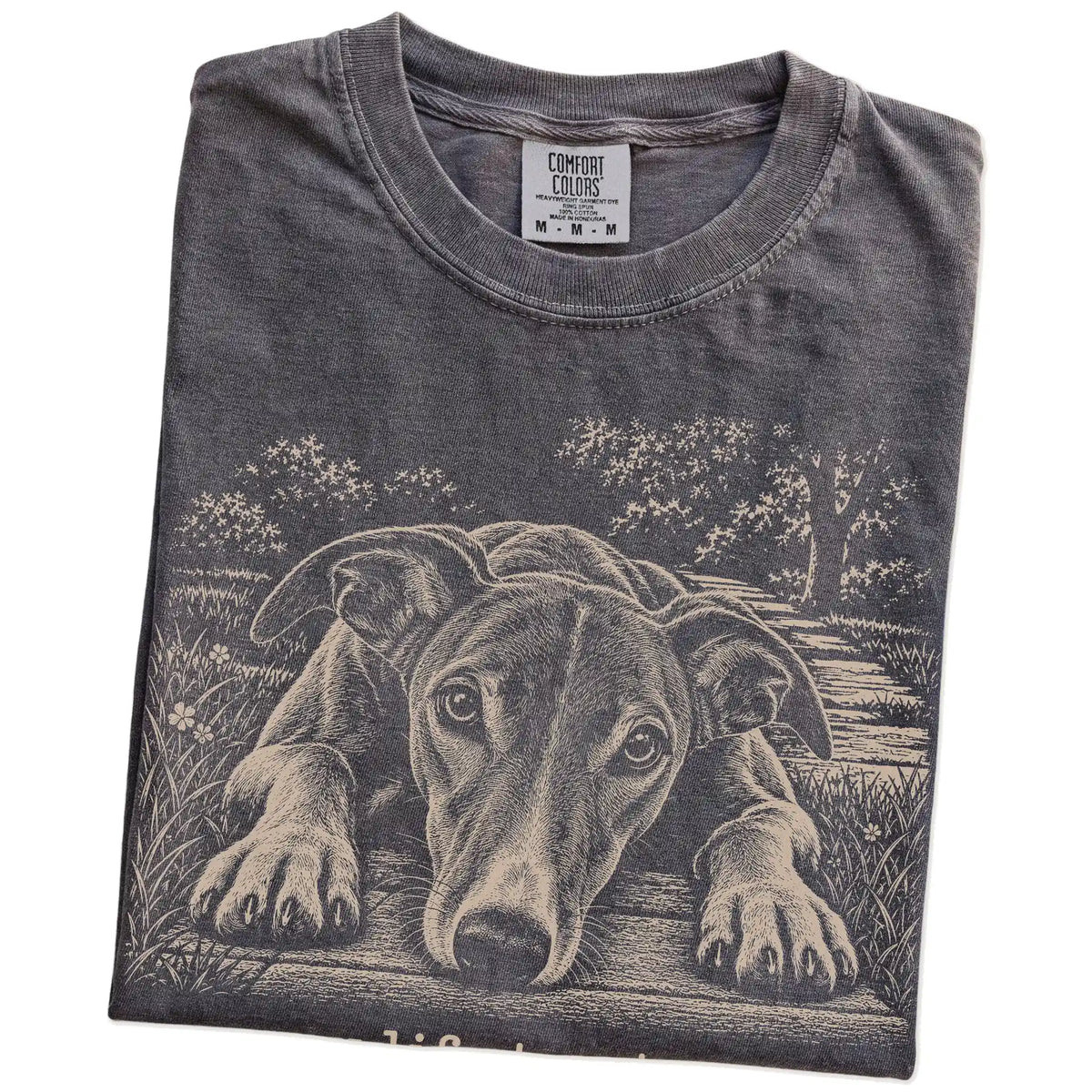 Greyhound Karma Comfort Colors T-shirt in Pepper — Folded Detail