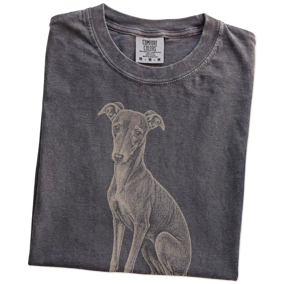 Folded Pepper Greyhound Karma T-Shirt showing the graphic