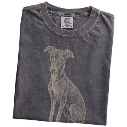 Folded Pepper Greyhound Karma T-Shirt showing the graphic