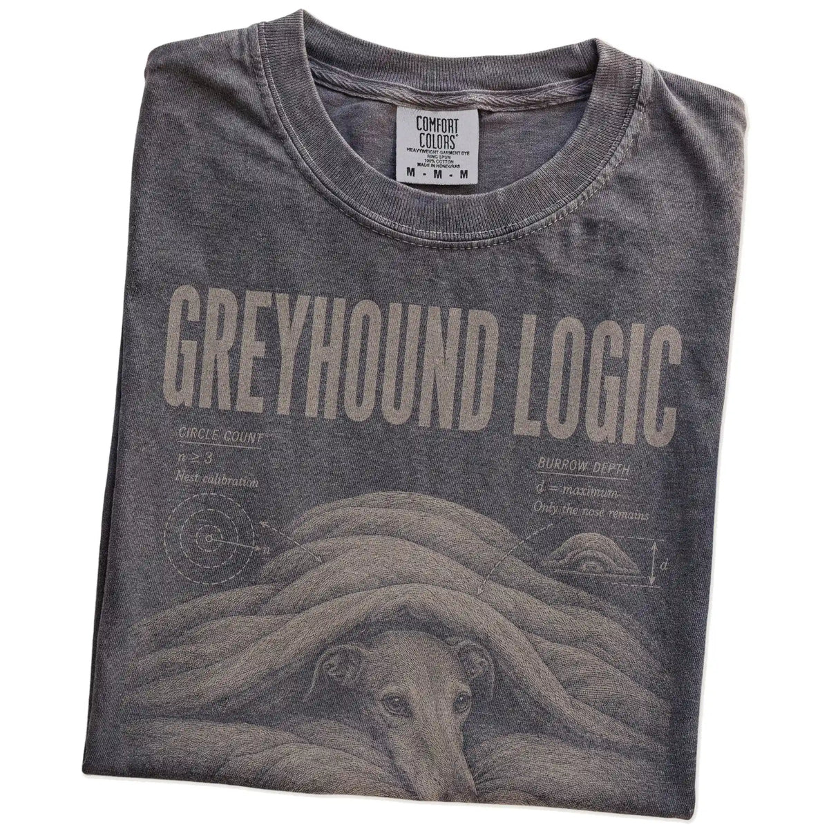 Folded Pepper Greyhound Logic T-Shirt showing the graphic