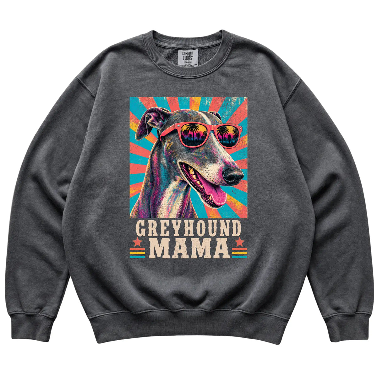 Retro Greyhound Mama design on a Pepper Comfort Colors sweatshirt