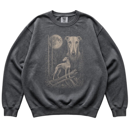Pepper Greyhound Moonlit Forest Comfort Colors sweatshirt, flat view