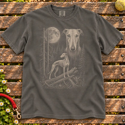 Greyhound Moonlit Forest design on a Pepper T-shirt shown flat