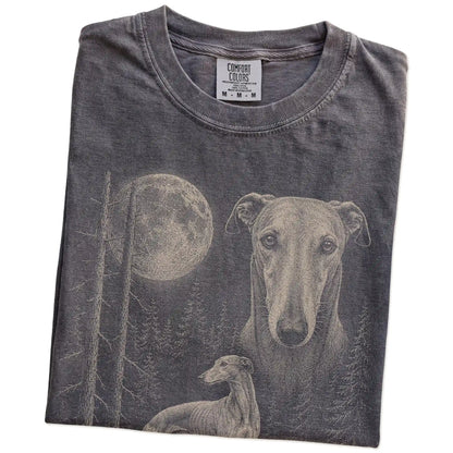 Folded Pepper Greyhound Moonlit Forest T-Shirt showing the graphic