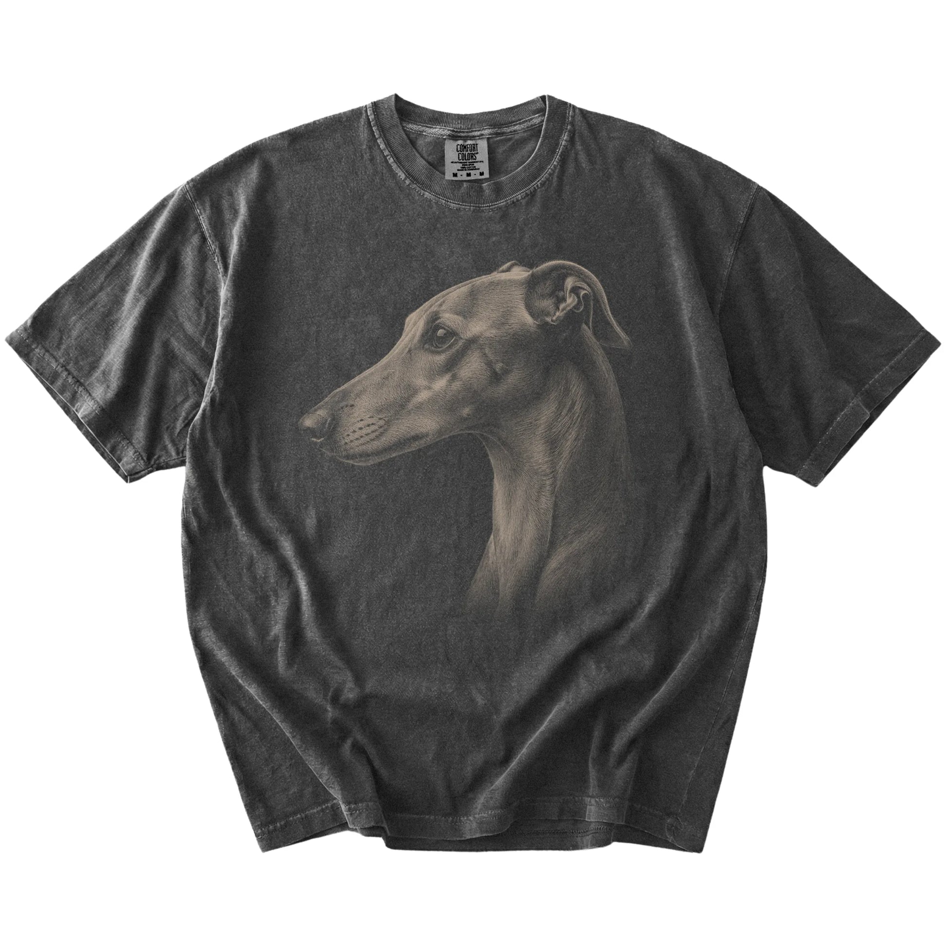 A detailed photographic portrait of a Greyhound on a Pepper Comfort Colors® T-shirt