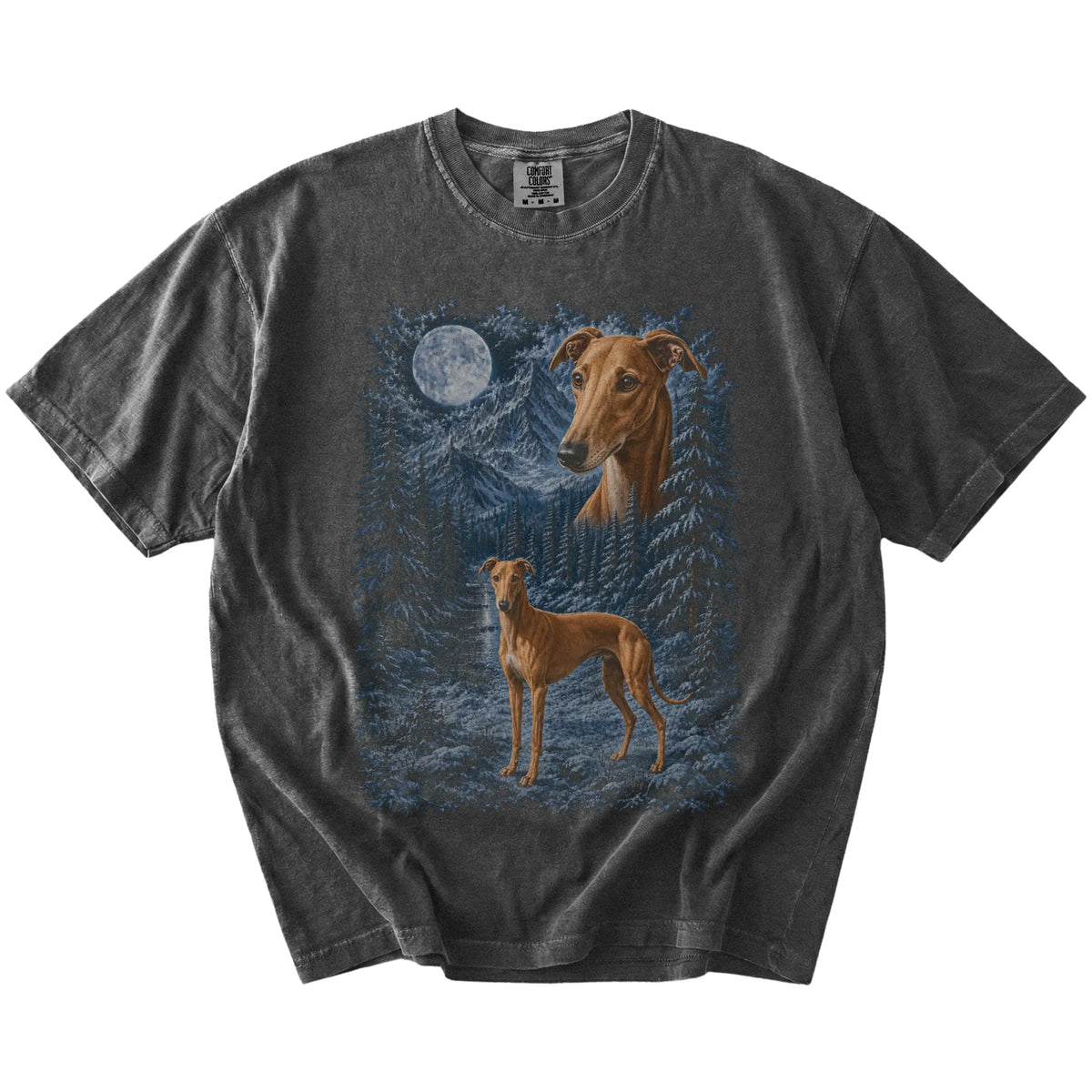 pepper T-shirt with Greyhound Winter Moon artwork.