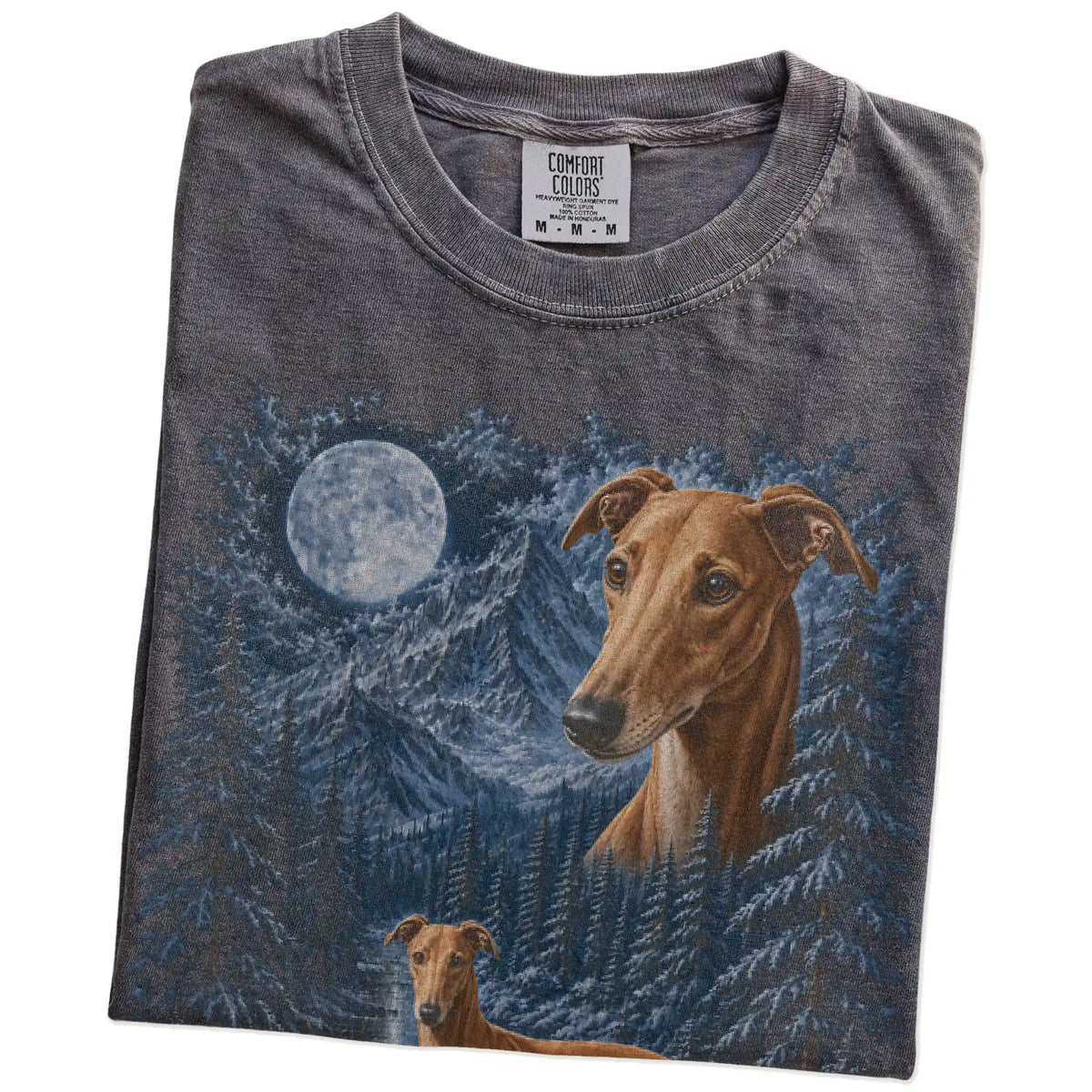 Folded pepper T-shirt with Greyhound Winter Moon artwork.