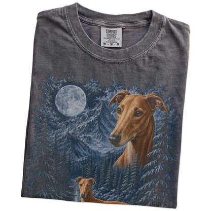 Folded pepper T-shirt with Greyhound Winter Moon artwork.