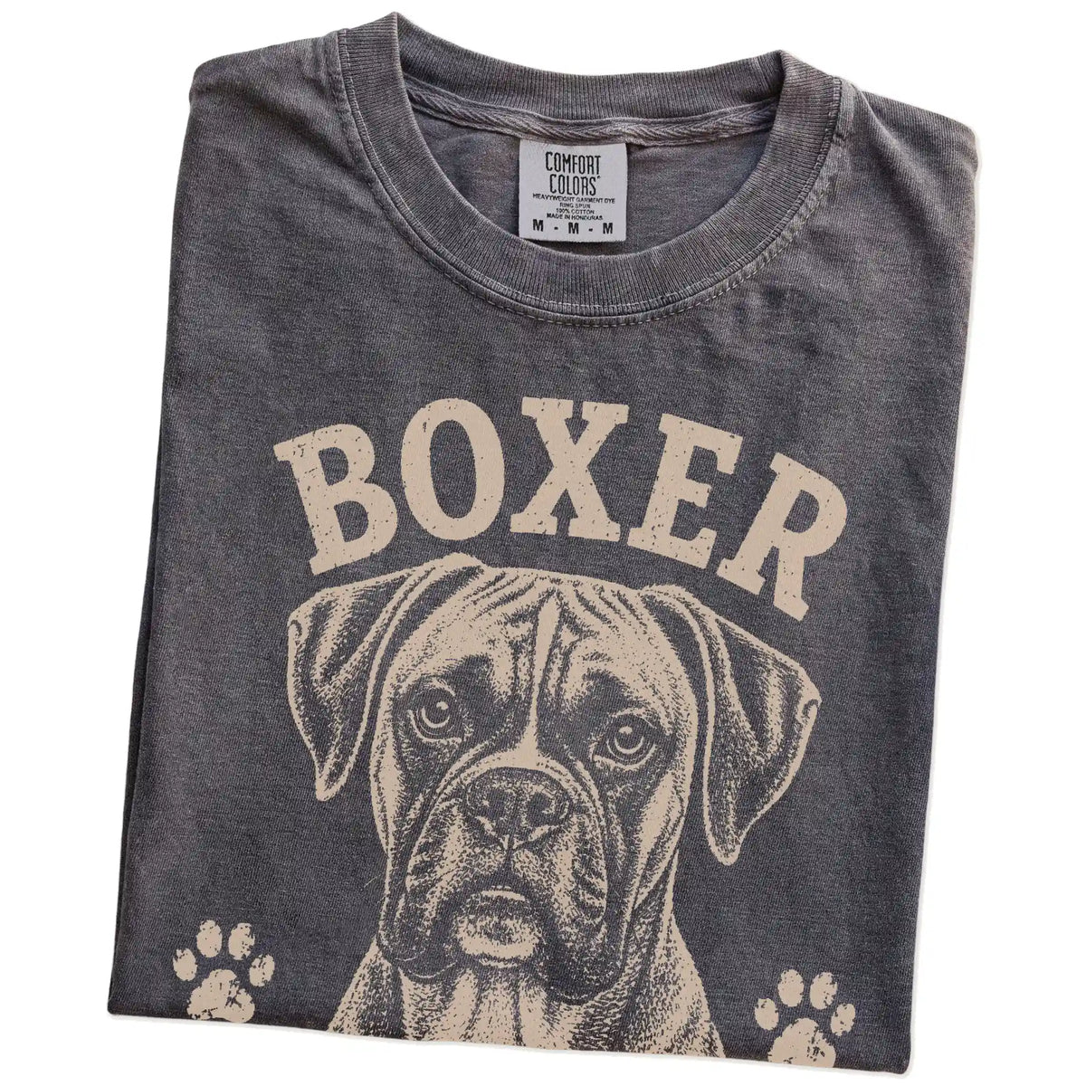 Folded Pepper Comfort Colors® T-shirt showing Boxer design with “Handsome, Hyper & Here For Fun” lettering