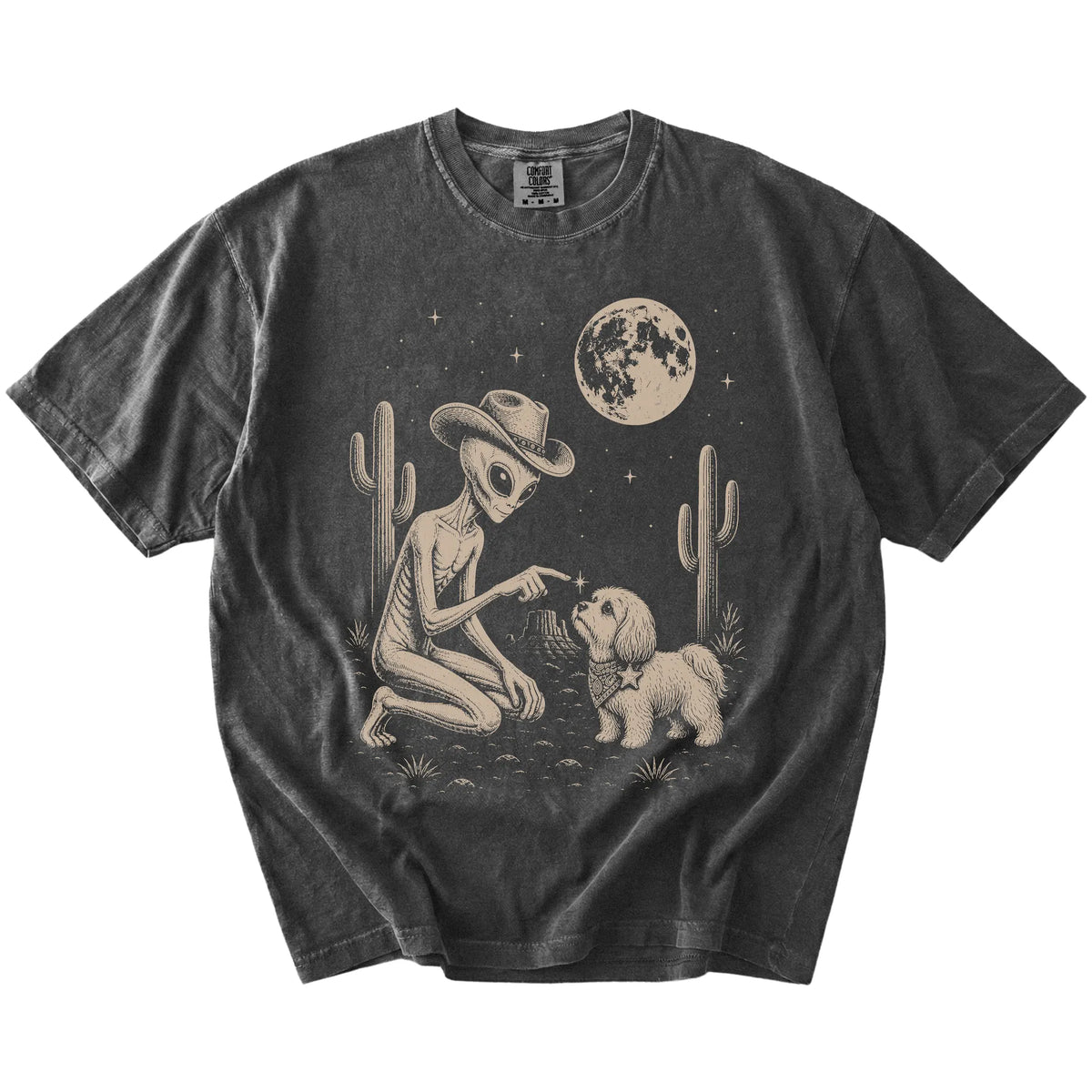 Cowboy alien fist-bumping a Havanese beneath the moon on a Pepper Comfort Colors® T-shirt