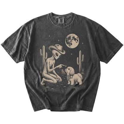 Cowboy alien fist-bumping a Havanese beneath the moon on a Pepper Comfort Colors® T-shirt