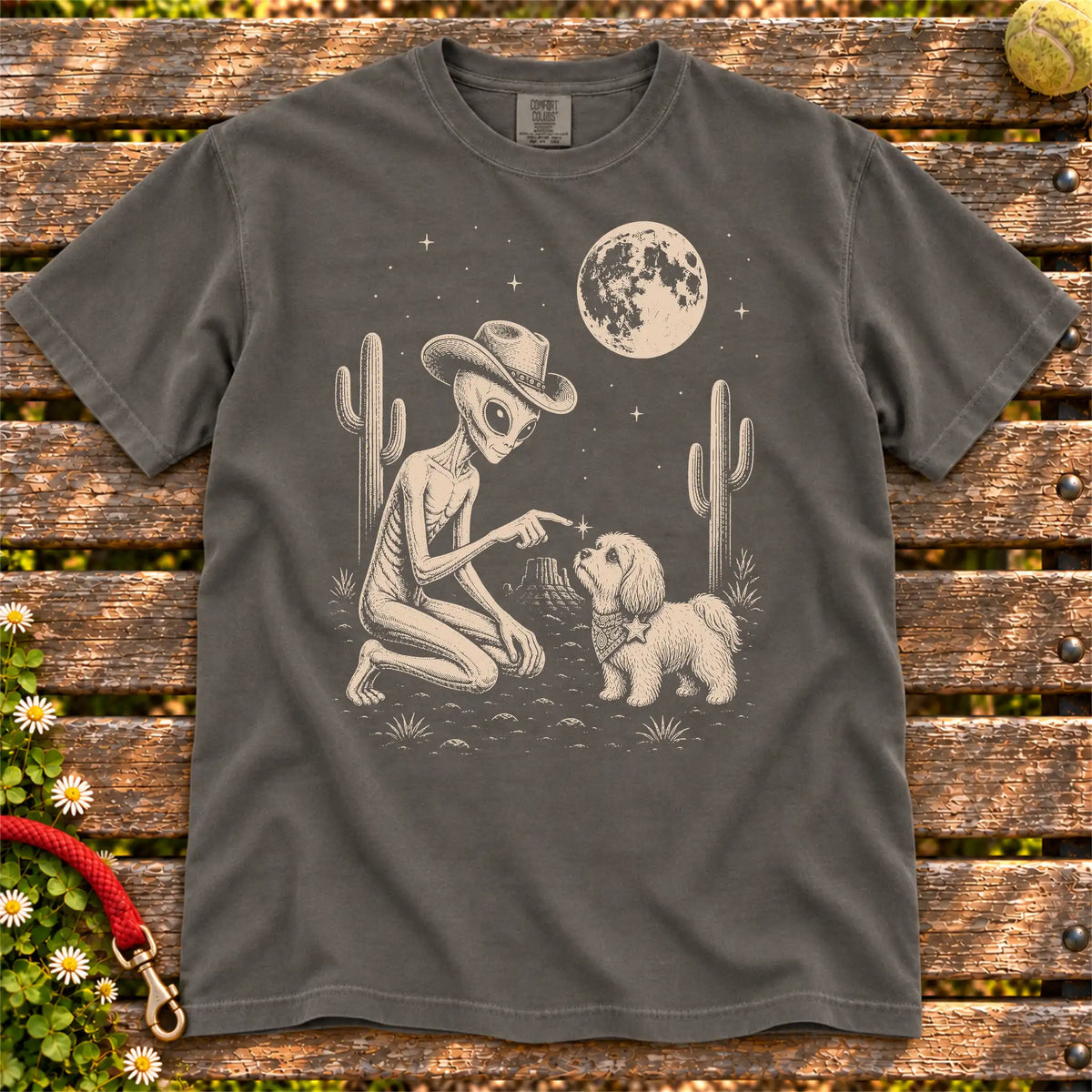 Havanese Cowboy and Alien on a Pepper T-shirt, shown flat