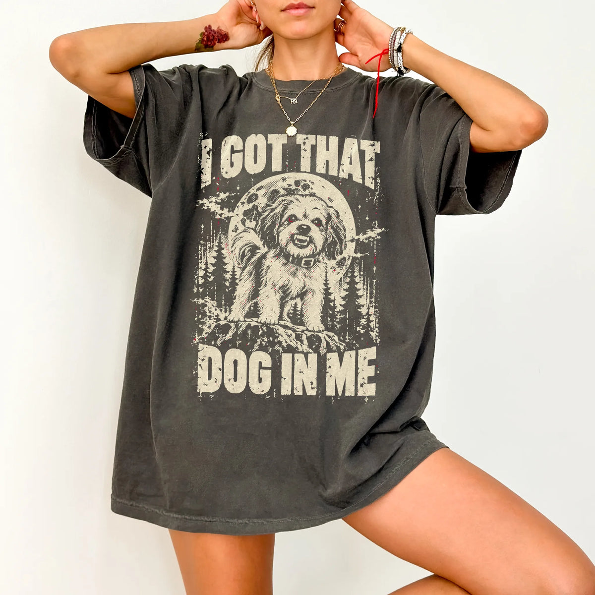 Pepper Havanese I Got That Dog in Me T-shirt, worn by a model