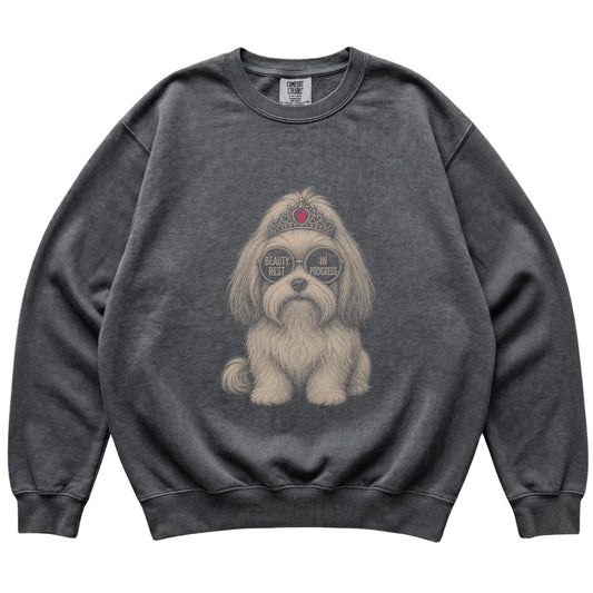 Pepper Comfort Colors sweatshirt featuring Havanese Beauty Rest In Progress, laid-flat presentation
