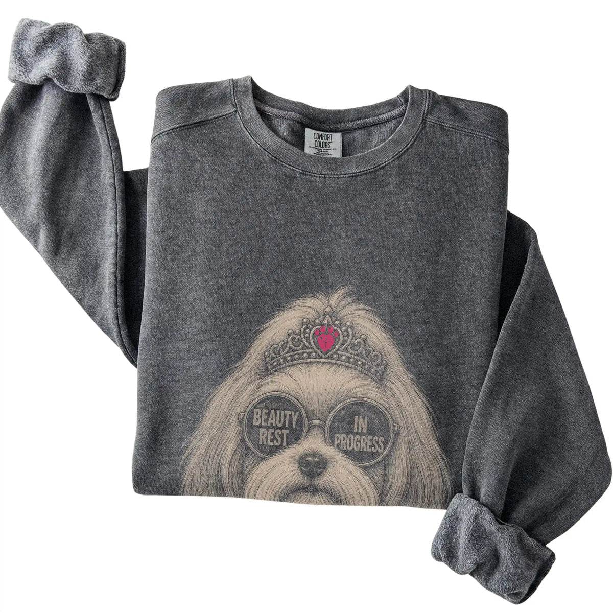 Pepper Comfort Colors sweatshirt featuring Havanese Beauty Rest In Progress, folded presentation