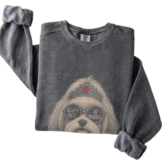 Pepper Comfort Colors sweatshirt featuring Havanese Beauty Rest In Progress, folded presentation