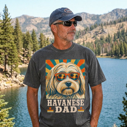 Retro Havanese Dad design on a Pepper Comfort Colors T-shirt worn by a model