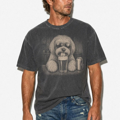 Model wearing a Pepper Comfort Colors® t-shirt with Havanese sneaking a drink from a pint