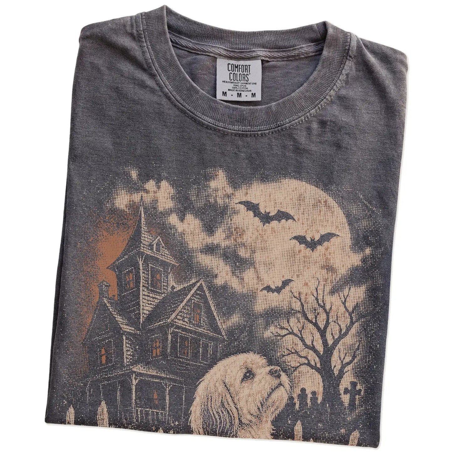Folded Pepper Comfort Colors® T-shirt showing Havanese in a vintage haunted-house scene