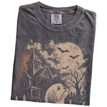 Folded Pepper Comfort Colors® T-shirt showing Havanese in a vintage haunted-house scene