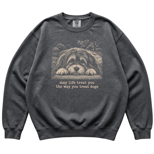 Havanese Karma Comfort Colors sweatshirt in Pepper — Flat Lay