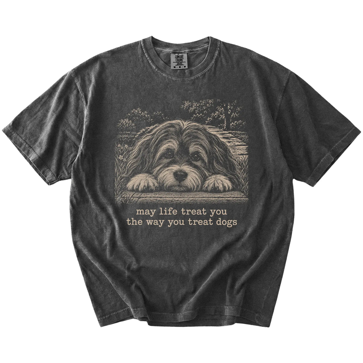 Havanese Karma Comfort Colors T-shirt in Pepper — Flat Lay