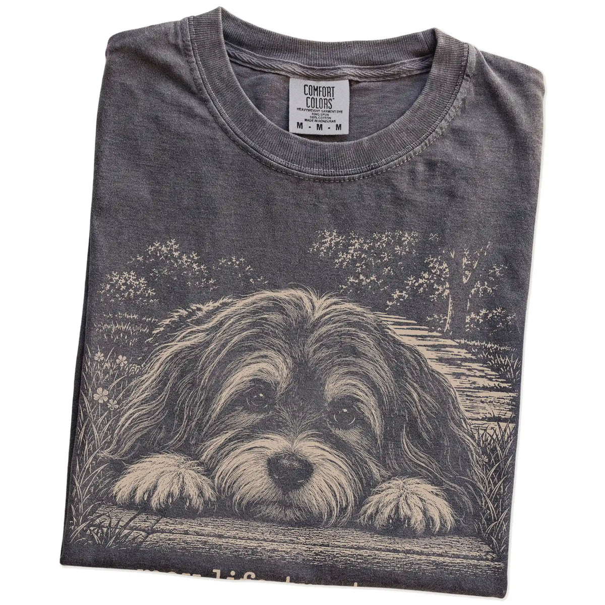 Havanese Karma Comfort Colors T-shirt in Pepper — Folded Detail
