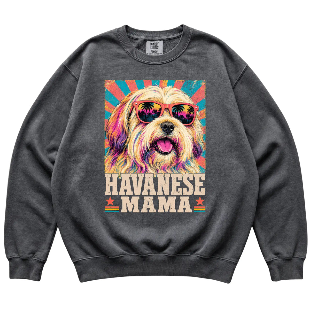 Retro Havanese Mama design on a Pepper Comfort Colors sweatshirt