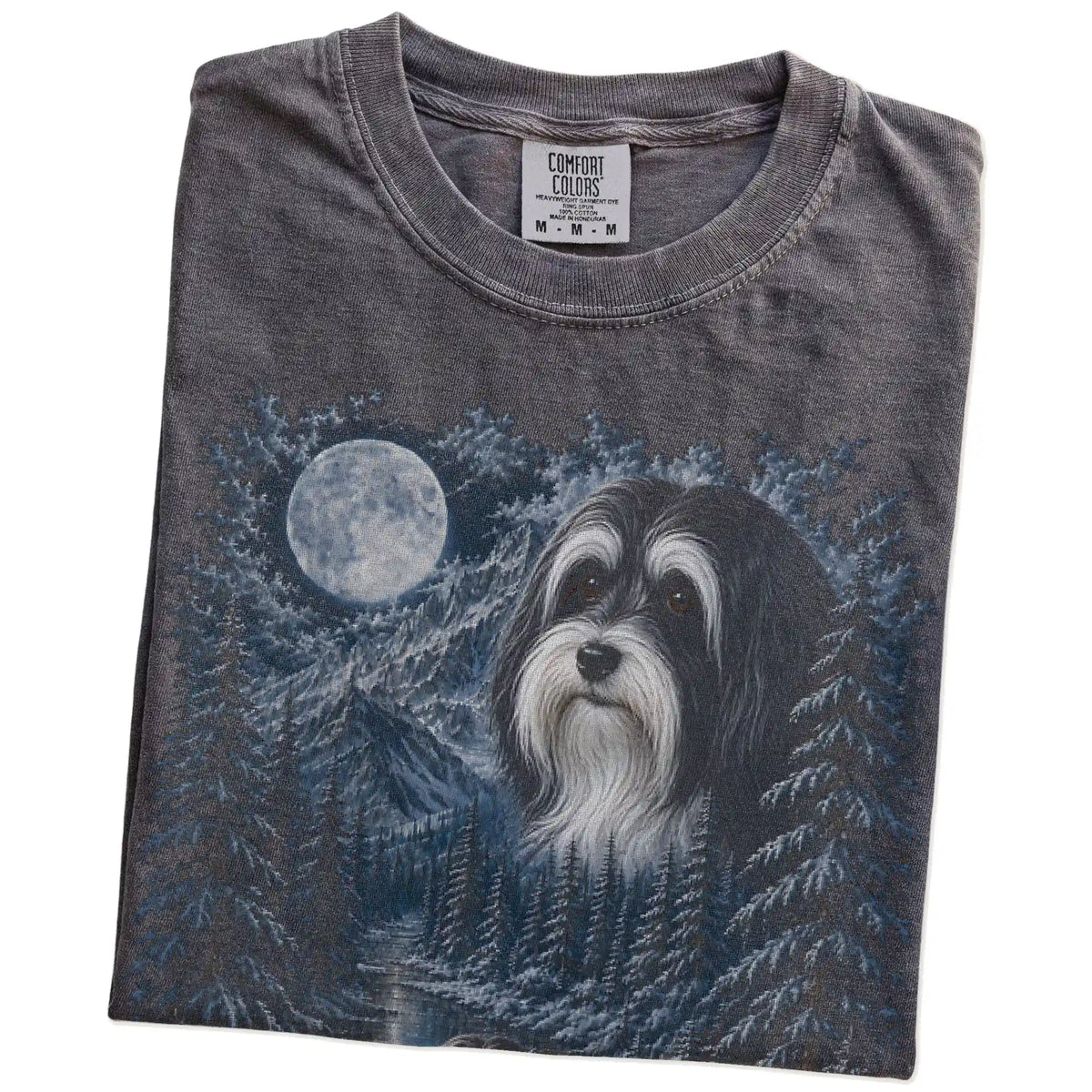 Folded pepper T-shirt with Havanese Winter Moon artwork.