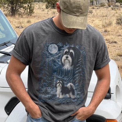 Model wearing a pepper T-shirt with Havanese Winter Moon artwork.