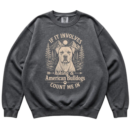 Pepper Comfort Colors® sweatshirt featuring Hiking and American Bulldogs, laid-flat presentation
