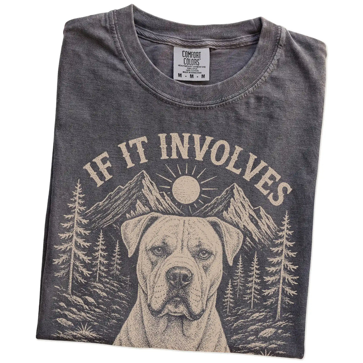 Folded Pepper Comfort Colors® T-shirt showing American Bulldog hiking design with mountain scenery