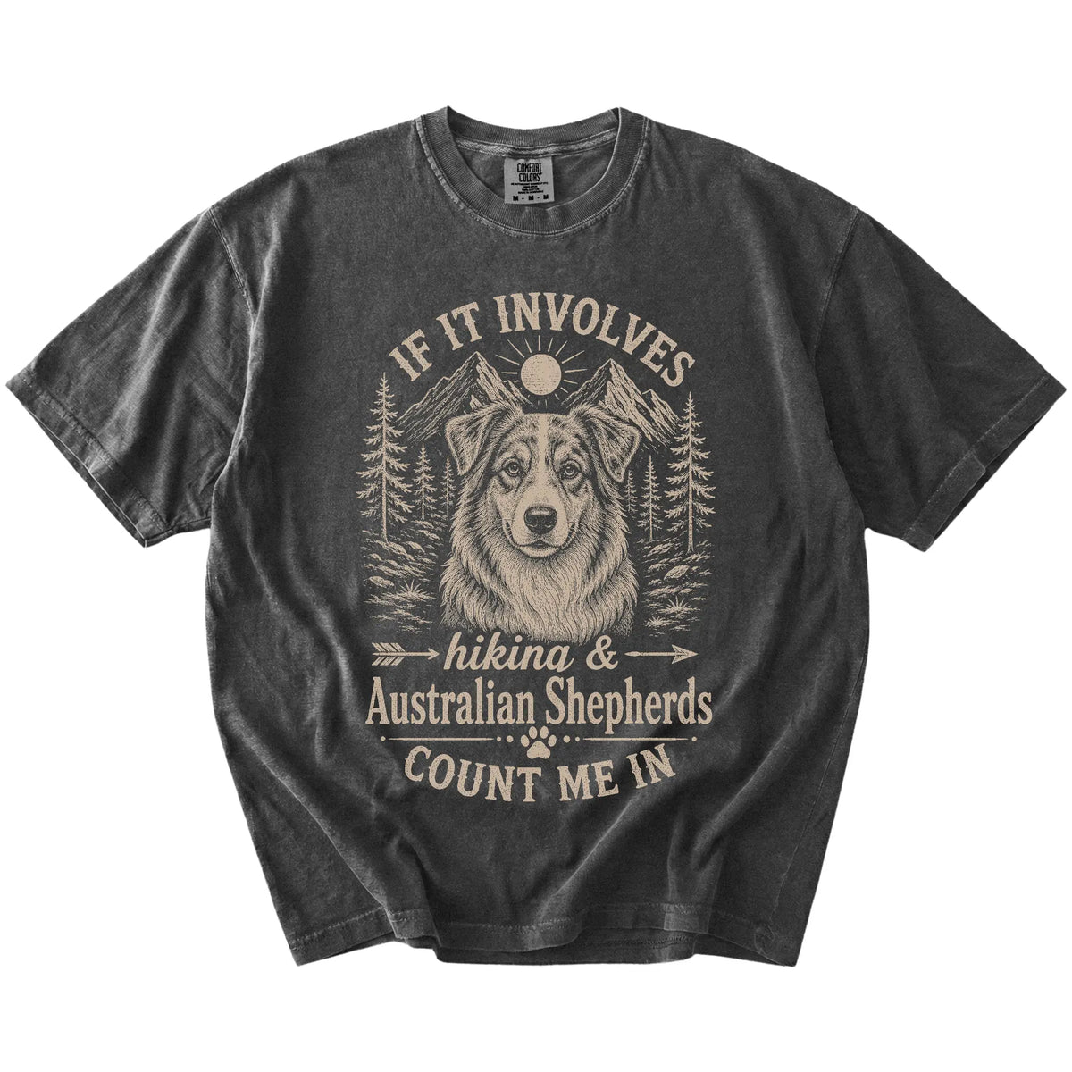 Australian Shepherd hiking design with mountain scenery on a Pepper Comfort Colors® T-shirt