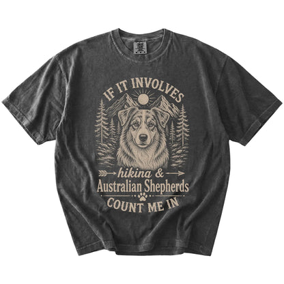 Australian Shepherd hiking design with mountain scenery on a Pepper Comfort Colors® T-shirt