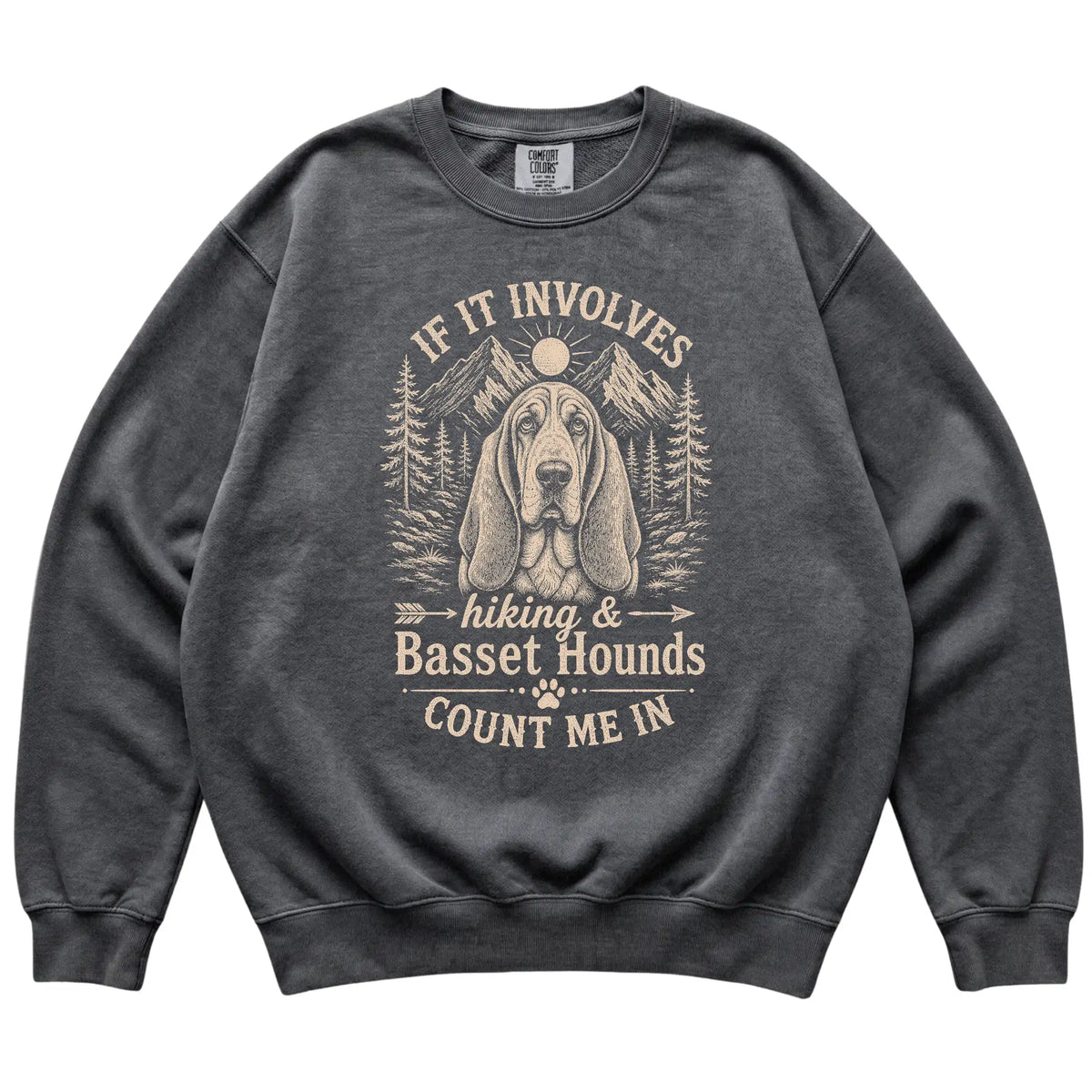 Pepper Comfort Colors® sweatshirt featuring Hiking and Basset Hounds, laid-flat presentation