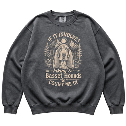 Pepper Comfort Colors® sweatshirt featuring Hiking and Basset Hounds, laid-flat presentation