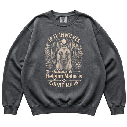 Pepper Comfort Colors® sweatshirt featuring Hiking and Belgian Malinois, laid-flat presentation