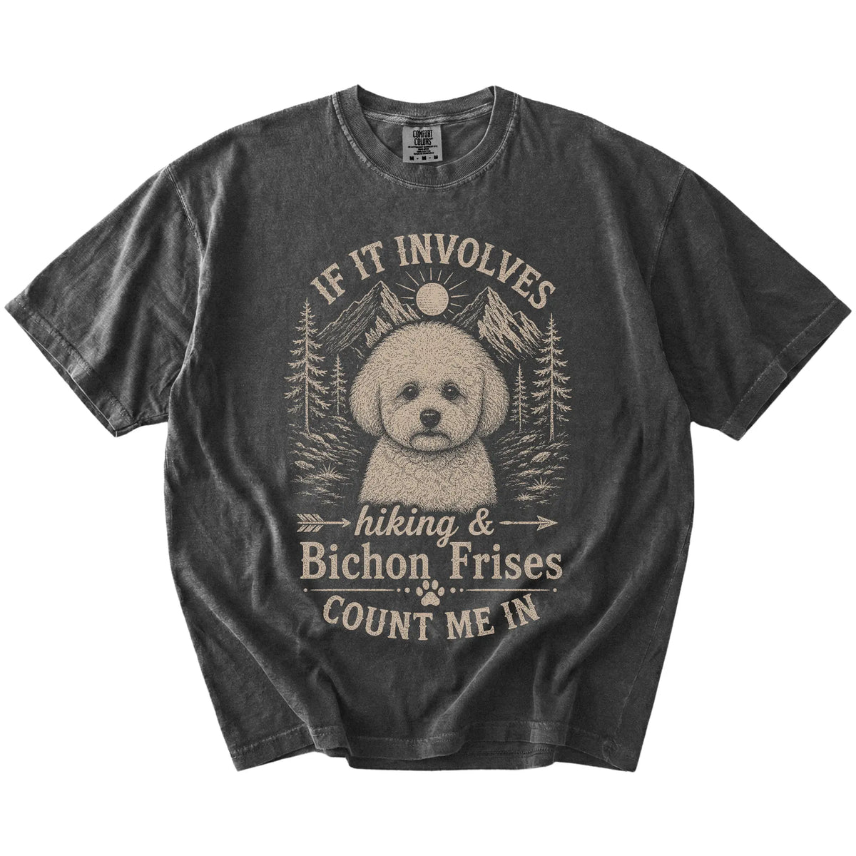Bichon Frise hiking design with mountain scenery on a Pepper Comfort Colors® T-shirt