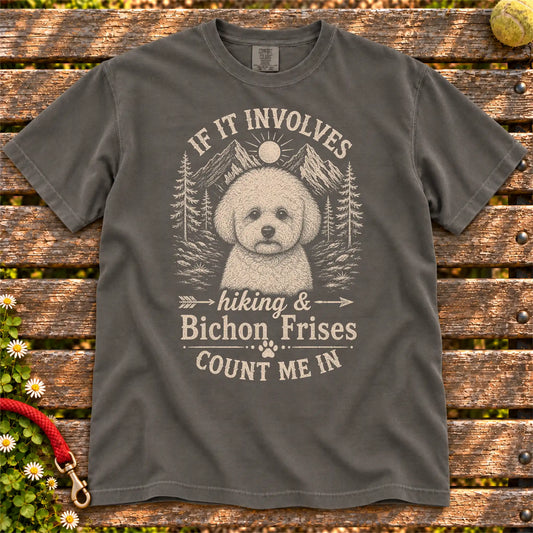 Hiking and Bichon Frises design on a Pepper Comfort Colors T-shirt, shown flat