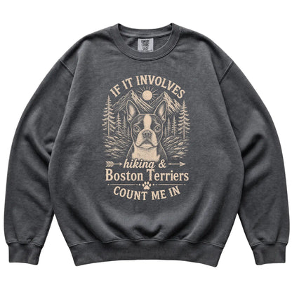 Pepper Comfort Colors® sweatshirt featuring Hiking and Boston Terriers, laid-flat presentation